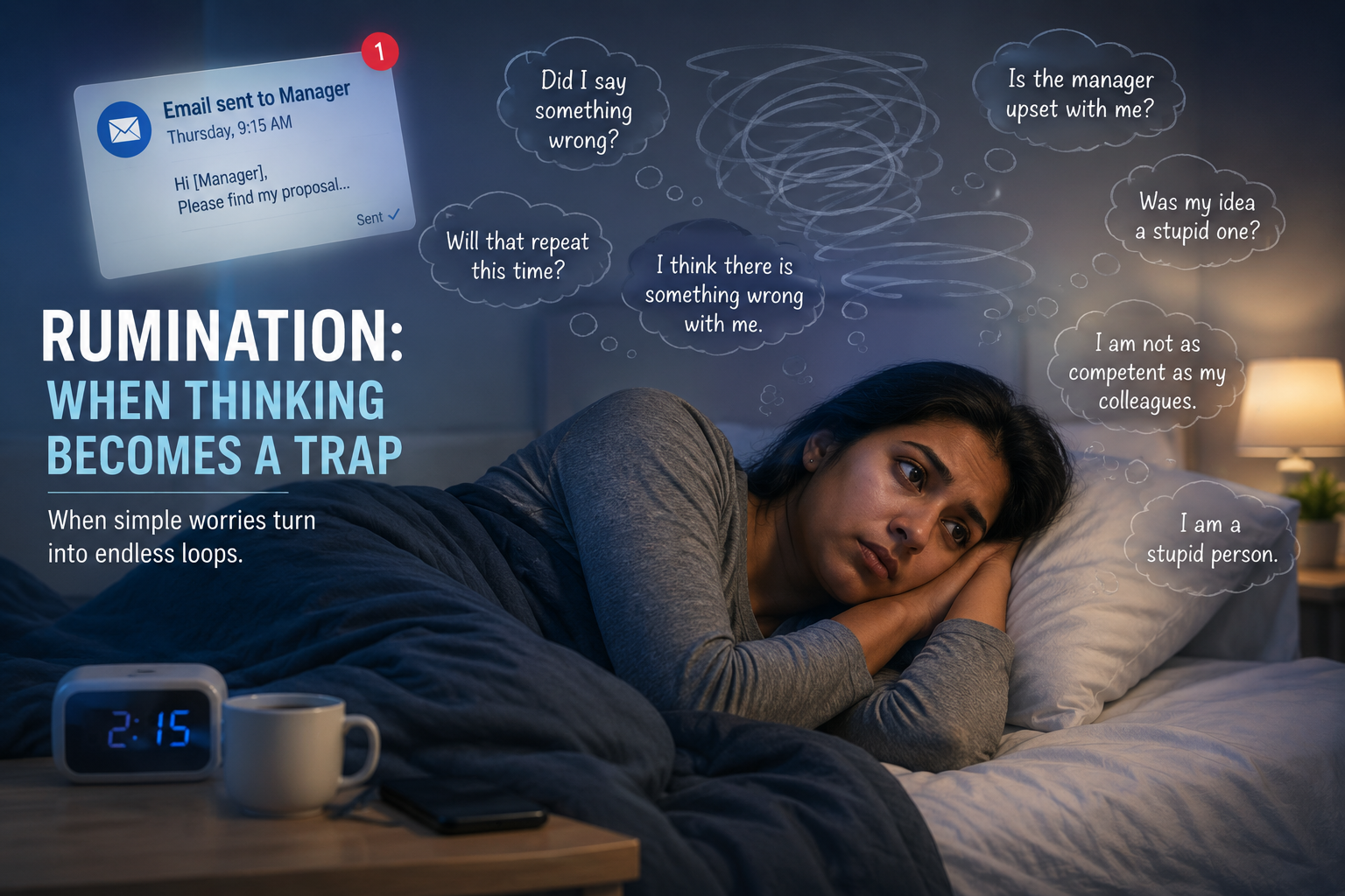 Woman lying awake at night experiencing rumination, anxiety, and repetitive overthinking after sending an email.