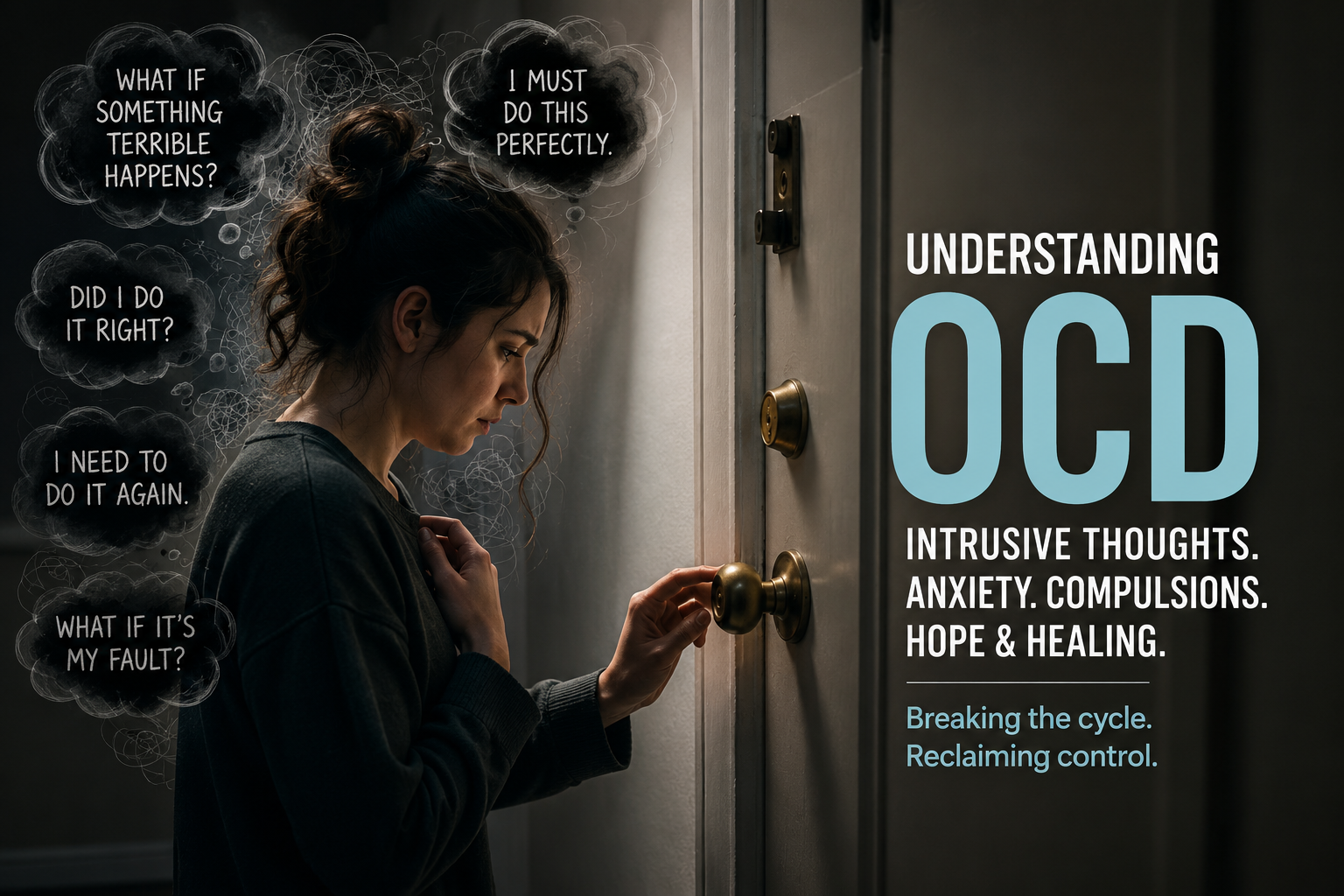 A woman hesitates at her apartment door while experiencing intrusive thoughts associated with obsessive-compulsive disorder (OCD), illustrating the cycle of anxiety, compulsions, and mental distress.